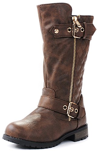 JJF Shoes Kids Girls Mango21 Brown Dual Buckle/Zipper Quilted Mid Calf Motorcycle Boots-112