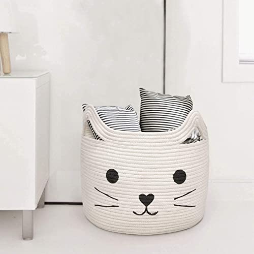 Image of ALBY Woven,Tall Wicker Laundry Basket for Blankets,Clothes,Pillows,Toys,Shoes Large Cotton Laundry Hamper for Bedroom Living Room Bathroom Nursery (15d'' x 12h'' inch, Off-White cat)