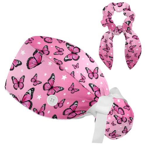 Image of Colored Butterflies Scrub Caps Women Ponytail, Adjustable Bouffant Surgical Caps with Button, Nurse Hats Long Hair