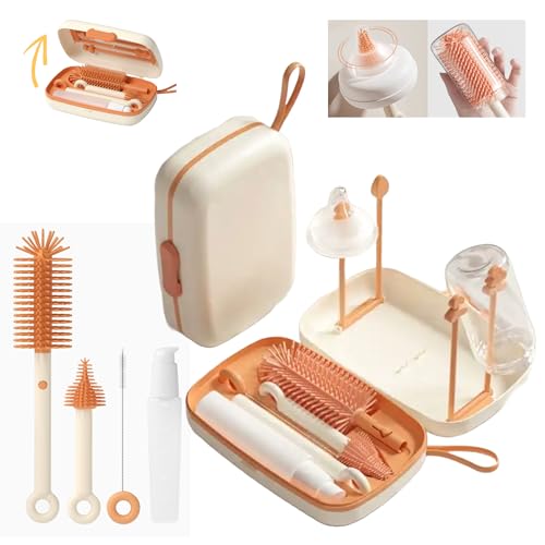 Image of Travel Bottle Cleaner kit, 7in1 Baby Travel Essential Silicone Travel Bottle Brush Set, Nipple, Drying Rack, Straw, & Breast Pump Cleaning, Soap Dispenser & Organizer Case, Gift for Mom (White)