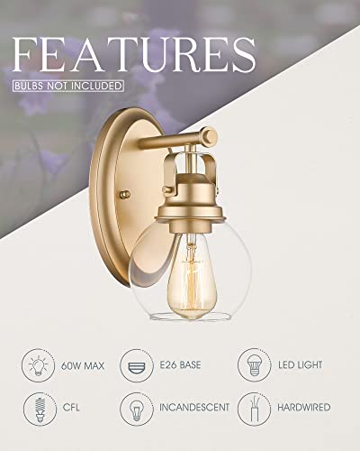 Audickic Gold Wall Sconce, Bathroom Wall Light 2 Pack, Vanity Lighting Fixtures, Gold Bathroom Lights Over Mirror With Clear Glass, Ad-2146-1W2-Gd #TOP2