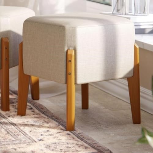 Kit 2 Puff Para Sala Lara Quadrado Decorativo Pés Madeira Linho Bege