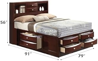 Contemporary Wood Storage Bed Frame Eastern King Size with 8 Storage Drawers, Bookcase Headboard for Master or Guest Room No Box Spring Required Easy Assembly (Eastern King Bed, Espresso)