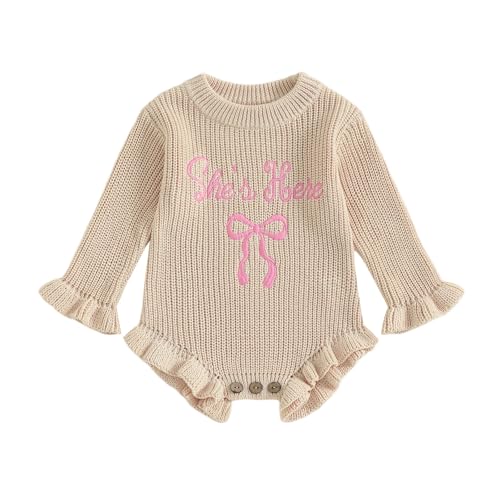 Baby Girls Knitted Romper Embroidery Bow Letters SHE is HERE Ruffled Sweater Winter Newborn Infant Clothes
