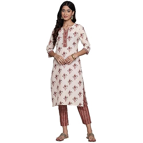 Image of anubhutee Women's Cotton Blend Floral Printed Off White Straight Kurta Suit Set with Trousers