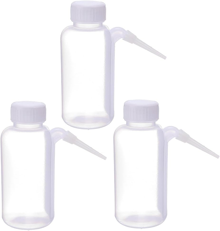 PLIGREAT 250ml Plastic Liquid Dispensing Bottles with Down Spout Screw Cap | 3 Pack Clear Squeeze Wash Bottles with Narrow Mouth Safety Bottles Watering Tools for Lab Wash Use Indoor Plants Watering