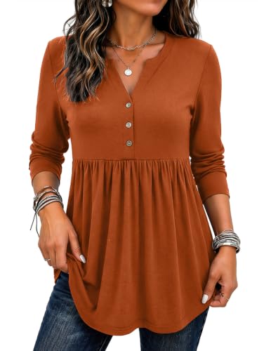Zeagoo Long Sleeve Shirt V Neck Pleated Tunic Henley Button Top Fashion