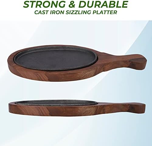 e kysa basics Cast Iron Sizzler Plate with Handle (25 * 16 cm) with Wooden Base (37 * 19 cm) - Set of 4