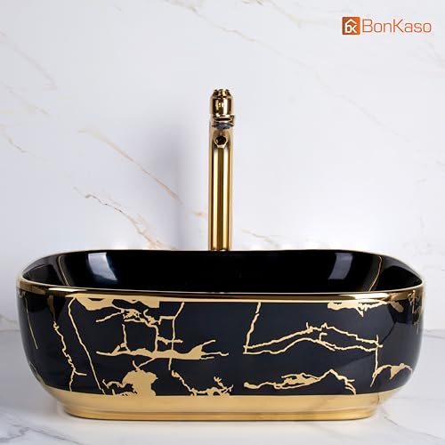 Image of BONKASO Black & Gold Luxury Table Top Wash Basin (45 x 32.5 x 13.5 cm) | Designer Ceramic Countertop Bathroom Sink | Modern Rectangle Vanity Art Basin PB1006
