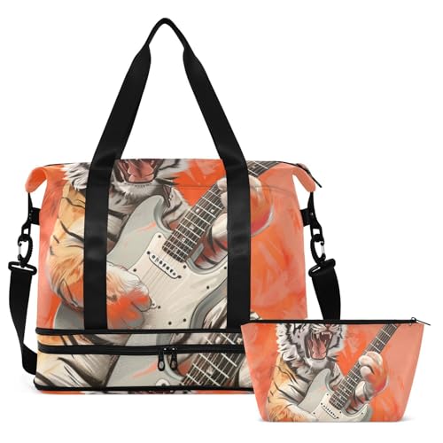 ALAZA Sports Duffel Bags with Toiletry Bag Set,Electric Guitar Tiger Travel Duffel Bags Multi Pockets Weekend Bag