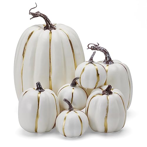 Michellecmm 7 Pcs Artificial Fall Pumpkins Orange White Pumpkins Fall Harvest Decoration for Halloween Thanksgiving Decor (White Gold, One Size)