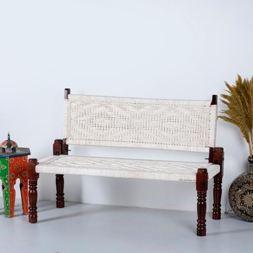 Image of Srima Wooden Bench for Living Room | Handcrafted Sheesham Wood Backrest Bench for Balcony & Garden | Traditional Rajasthani Patio for Outdoor with Cotton Handwoven Rope | White