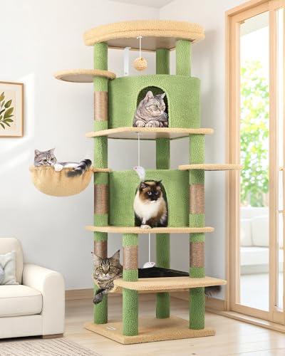 Image of Globlazer Cactus Corner Cat Tree Tower for Large Cat, 66inch Tall Large Cat Tree Condo for Multiple Indoor Cats with 6 Scratching Posts, 2 Spacious Cat Condos, Soft Hammock, Hanging Basket, C66, Green