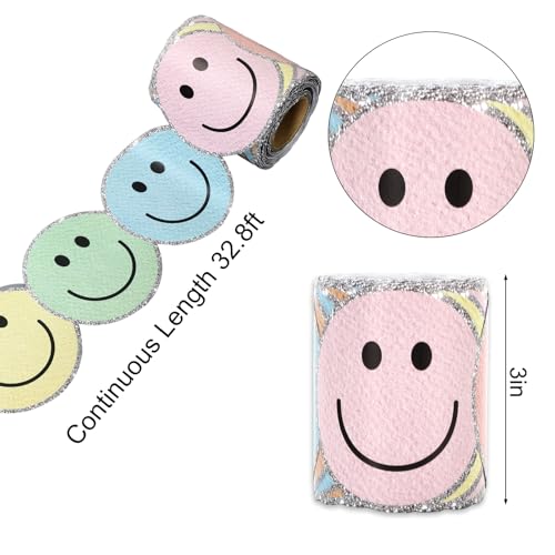 Image of Whaline 32.8 Ft Boho Happy Face Bulletin Board Border Pastel Smile Face Die-Cut Border Trim with Silver Edge for Back to School Chalkboard Wall Decoration