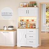 DreamDashio Pantry Cabinet with Adjustable Shelves and 3 Drawers, Tall Kitchen Pantry Storage Cabinet with LED Light & Charging Station, Kitchen Hutch with Microwave Shelf & 6 Hooks for Dining Room