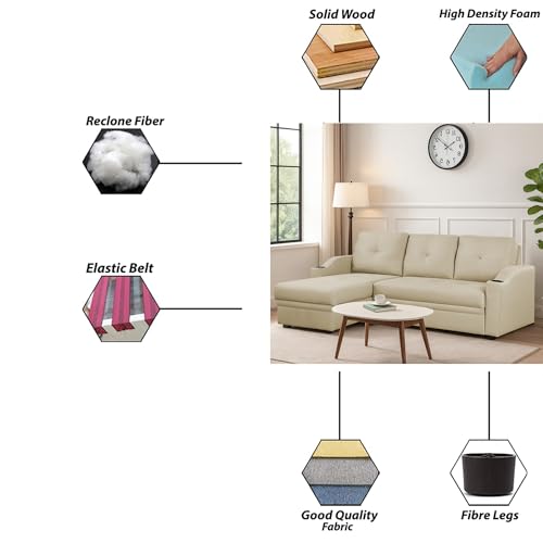Image of Casaliving Ravonna LHS 4 Seater L Shape Corner Sofa Cum Bed for Living Room (Cream Fabric) Premium Fabric Sofa