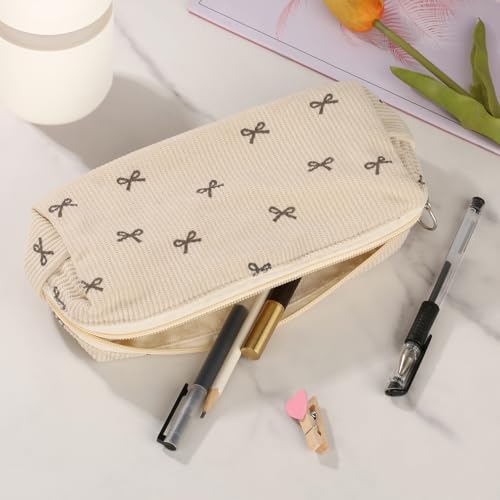 Image of Cute Bow Pencil Pouch, Corduroy Pen Case, Small Makeup Bag for Women Office