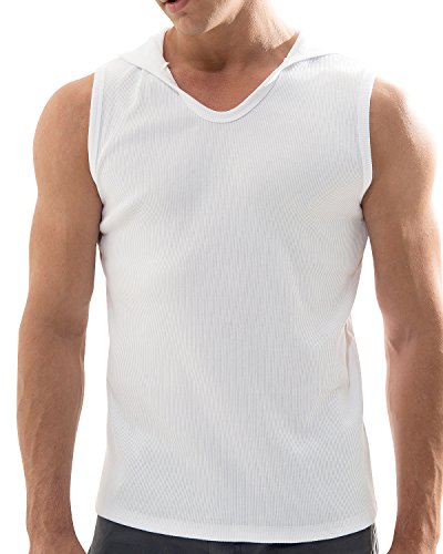 Ililily Stretchy Ribbed Knit Hoodie Sleeveless Athletic Muscle Tee Tank Top (Tshirts-349-4-M) White #TOP4