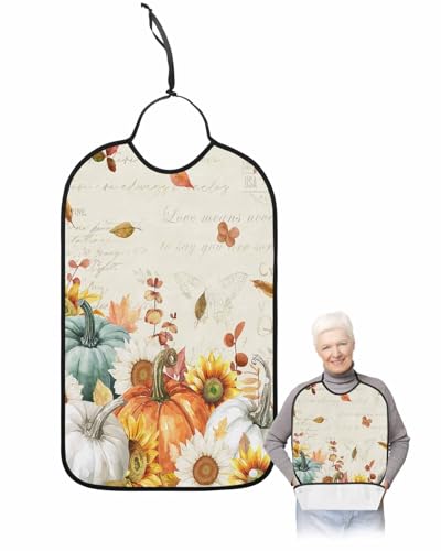 LEOKOTI Teal Orange White Pumpkins Adult Bibs for Eating, Waterproof Bibs with Food Catcher & Adjustable Snap Closure, Fall Thanksgiving Maple Leaf Washable Clothing Protectors Adult Bibs for Elderly