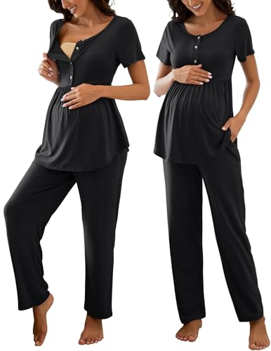 Image of JiniGolla Women's Maternity Nursing Pajama Set Breastfeeding Loungewear Mama Clothes Short Sleeve Top & Pants Pregnancy PJS