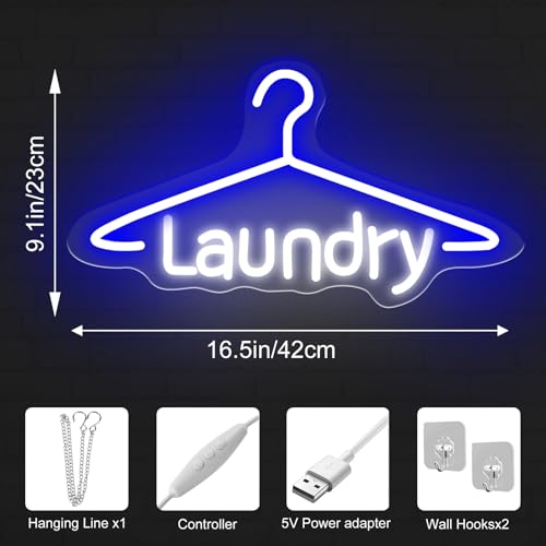 Image of Laundry Neon Sign Laundromat Led Neon Sign Washing Machine LED Light | USB Powered Neon Sign For Laundry Room Laundry Wall Art Laundry Room Decors 16.5 inchx9.1 inch, Blue+White