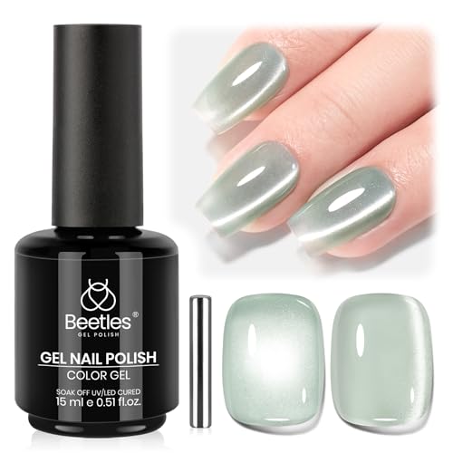 Image of Beetles Misty Green Cat Eye Gel Nail Polish - 15ML Sage Green Cat Eye Gel Polish Glitter Magnetic Translucent Glassy Effect Soak Off UV French Nail Art DIY Manicure Gifts for Women