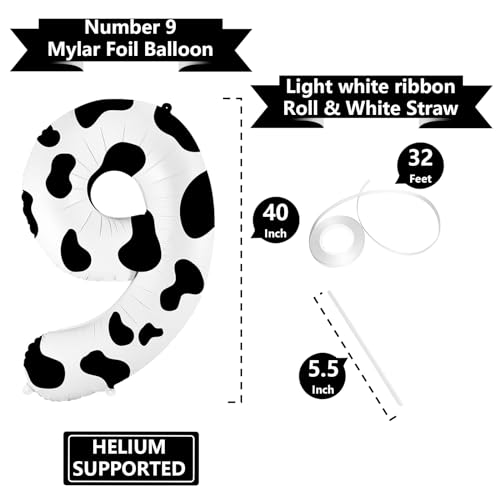 Image of 40 Inch Cow Print Balloons - Number 9 Balloons for 9th Birthday Decorations, Large Cow Number Balloons for Western Party Decor