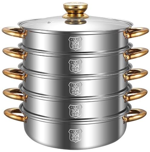 REHOOF Olla Vaporera Acero 304 Inoxidable 4 Niveles con Tapa De Cristal Vaporera Cocinar Vapor para Hornos De Gas, Placas De Cocina, Cocinas De Inducción Y Eléctricas, Vaporera Doméstica 28cm