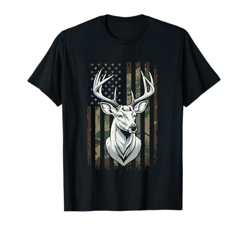 Whitetail Deer Hunting Hunter Gifts Buck Camo Bandera estadounidense Camiseta