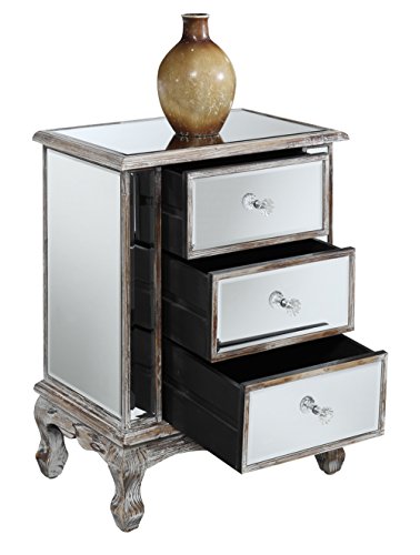 Convenience Concepts Gold Coast Vineyard 3 Drawer Mirrored End Table, Weathered White / Mirror #TOP3