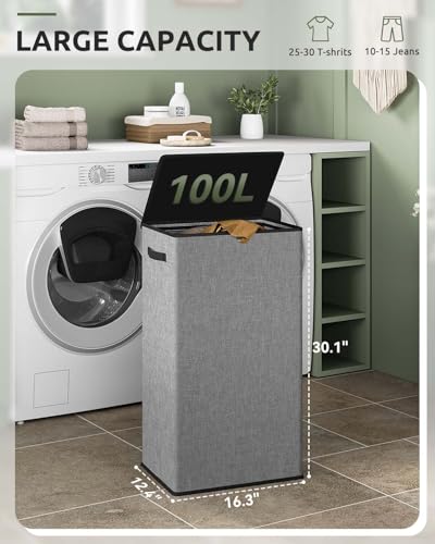 SOLEDI Laundry Basket with Lid Washing Baskets for Laundry, 100L Large Clothes Hamper Laundry Bin with Laundry Bag, Collapsible Laundry Baskets for Bedrooms, Laundry room, Living room, Dorm, Grey