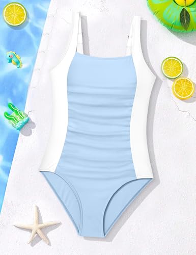 Image of Girl Swimsuit One Piece Bathing Suit for Girls Solid Color Ruched Adjustable Straps Padded Swimwear 9-18y