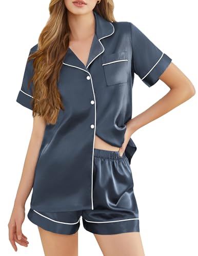 Image of Silk Pajamas for Women Short Sleeve Sleepwear Soft Button Down Loungewear 2 Piece Satin Pjs Shorts Set S-XXL