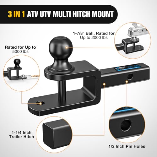 Image of Nilight 3 in 1 ATV UTV Multi Hitch Mount with 1-7 /8 inch Ball Hitch Rated 2000 LBS Fits 1-1 /4 Inch Receiver Winch Strap Loop Rated 5000 LBS