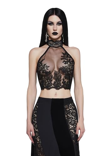 Dolls Kill Crescent Moon Blues Mesh Top by Widow – Sheer Crop Top with Embroidered Floral Details and Lace-Up Back