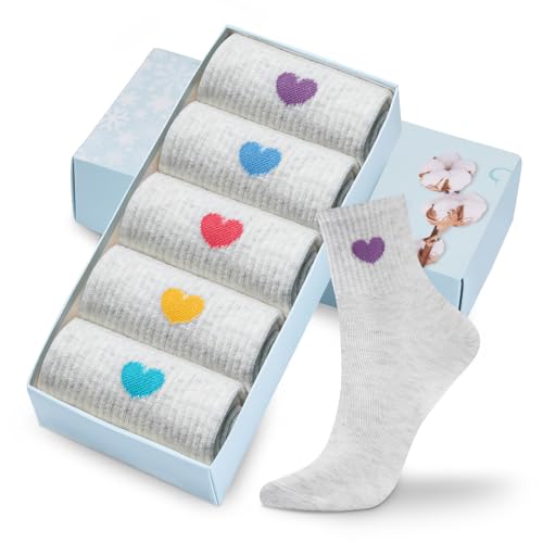 Image of Corlap Women's Cotton Crew Socks - Ankle High Fun Cute Heart Casual Dress Athletic Socks - 5Pairs Gifts for Mother /Her