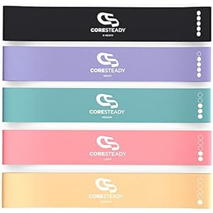 Coresteady Resistance Bands Set of 5 – Mini Fitness & Loop Exercise Band for Men & Women – Yoga, Body & Gym Sport Resistance Loop Bands for Strength, Muscle & Tone – With E-Guide & Travel Bag