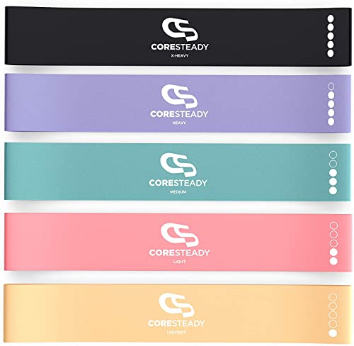 Coresteady Resistance Bands Set of 5 - Mini Fitness & Loop Exercise Band for Men & Women - Yoga, Body & Gym Sport Resistance Loop Bands for Strength, Muscle & Tone - With E-Guide & Travel Bag