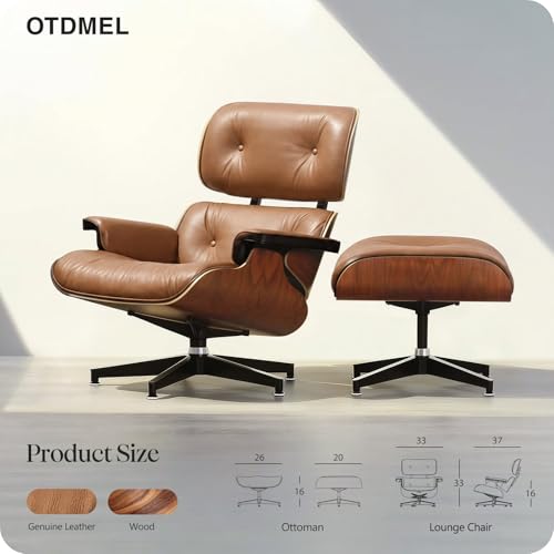 Image of Luxury Top Brown Grain Leather, Mid Century Chaise Lounge Chair and Ottoman, Modern Chair Classic Design, Walnut Wood, Heavy Duty Base Support for Living Room Office