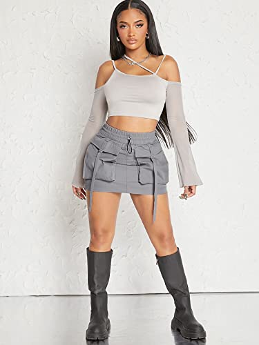WDIRARA Mini saia cargo feminina com cordão e cintura elástica com bolsos, Cinza, P