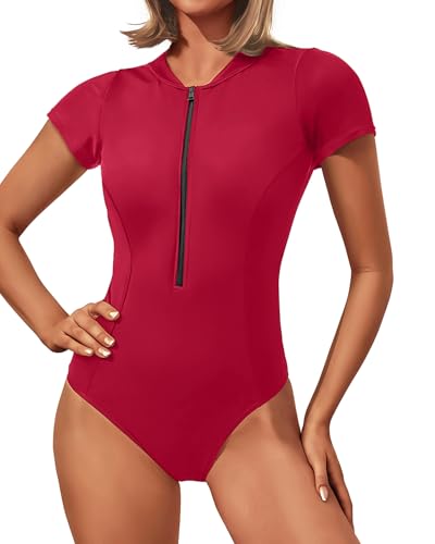 Yonique Womens Short Sleeve Rash Guard One Piece Swimsuit Zip Up Bathing Suit Surfing Swimwear UPF 50+ Red XL