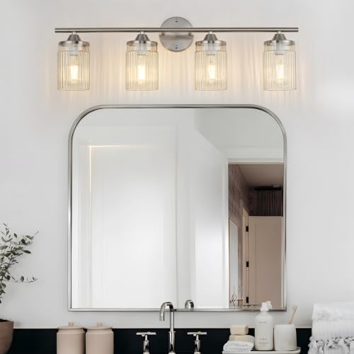 Image of Jonsi Nickel Bathroom Light Fixtures 4-Light Vanity Lights Modern Wall Sconce with Clear Glass Shade Brushed Nickel Bathroom Light Fixture Over Mirror for Bedroom Hallway Kitchen
