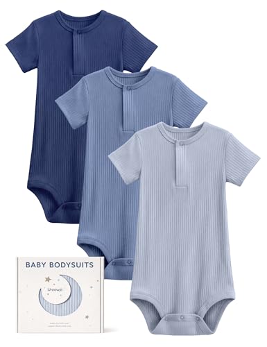 Unnivoll Baby Bodysuits Rayon From Bamboo 6-9 Months Baby Boys Girls Clothes Short Sleeve Infant Newborn Romper 3 Pack Gradient Blue