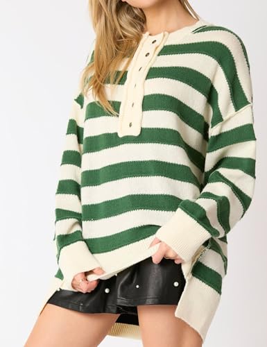 Womens Striped Pullover Sweater Casual Long Sleeve Button Down Crewneck Sweatshirt Oversized Knit Jumper Tops3