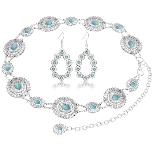 NEWITIN 3 Pieces Western Concho Belt for Women Cowgirl Waist Chain Belt Boho Turquoise Metal Chain Belts for Dresses Jeans