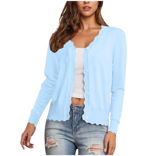 Women's Open Front Cardigans Long Sleeve V Neck Button Down Lightweight Scalloped Knit Sweaters Shrug Jumper Cover Up