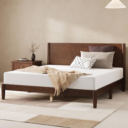 Image of AMERLIFE Solid Wood Queen Bed Frame, Mid Century Modern Platform Bed with Full Panel Headboard, Wooden Bed with Cylindrical Legs, No Box Spring Needed & Noise-Free, Under-Bed Storage, Dark Walnut