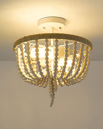 ELYONA Boho Birch Wood Beaded Chandelier, Farmhouse Flush Mount Ceiling Light, 13" Rustic Ceiling Light Fixture, 2-Light Boho Light Fixture for Bedroom, Entryway, Hallway, Kitchen, Girl Room, White