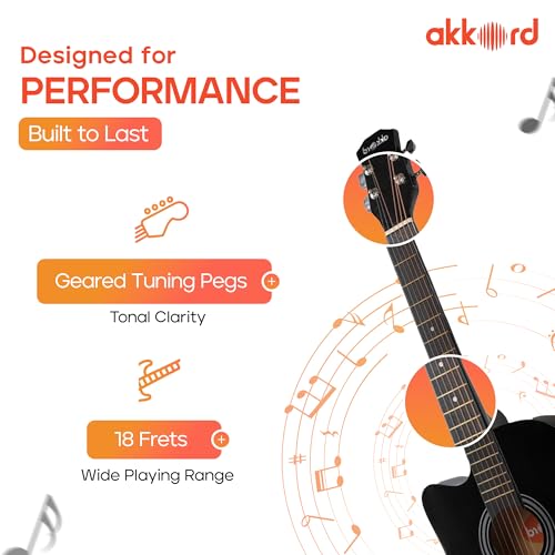 Image of AKKORD Basswood 38 Inch Acoustic Cutaway Guitar Kit With Gigbag, Strings, Picks, Strap And Key - Glossy Black | Complete Guitar Kit For Beginners With Free Course