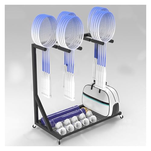 Mobile Badminton Racket Display Storage Rack, Commercial Racket Display Stand 25~30 Pcs Kids Adult Tennis Racquets Organizer Cart Black Steel Frame, for Gym/School/Retail Store, Saving Space